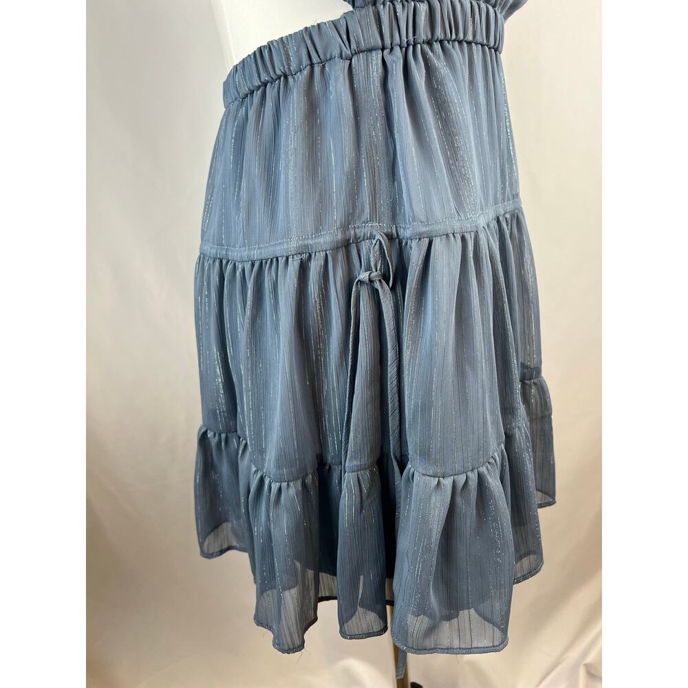 WAYF Dakota Metallic Blue Cutout Tiered Mini Dress Size M Long Sleeve - Picture 4 of 8
